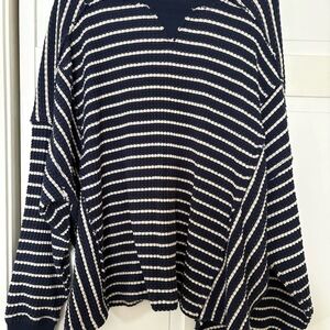 American Eagle Outfitters Navy and White Striped V-Neck Sweater